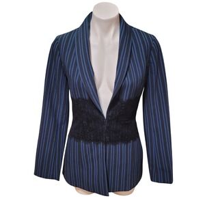 Maeve Anthropologie Black Blue Striped Lace Blazer Jacket Women career evening